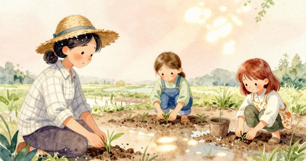 平靜稻田中,珍珠滿足微笑,身後的君和珂拉分別整理幼苗與修補滲漏,稻葉在陽光下閃耀金光。