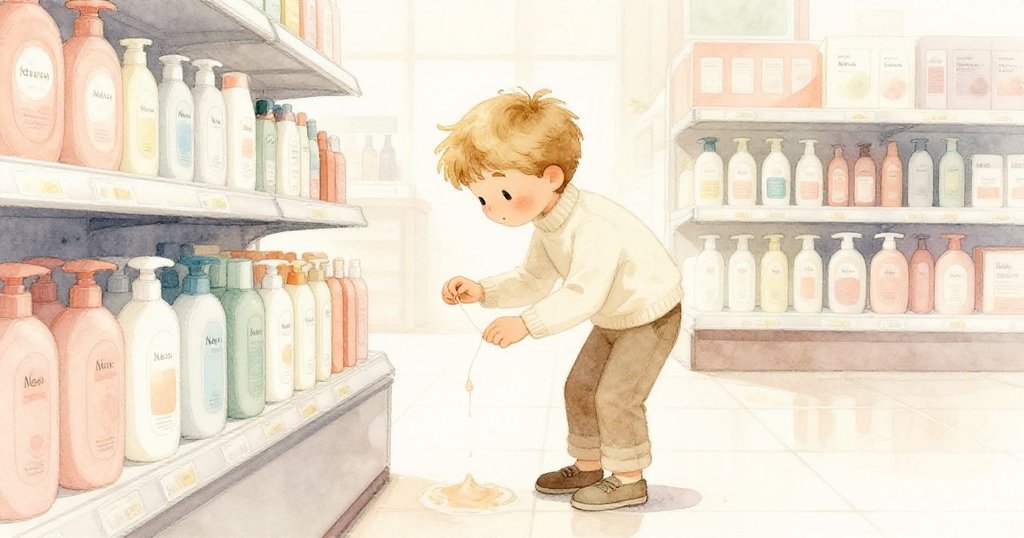 尼維在明亮的室內貨架旁彎腰，小心地夾起帶有微光的濕潤線條，背景展示整齊的洗髮產品，情緒專注溫暖。