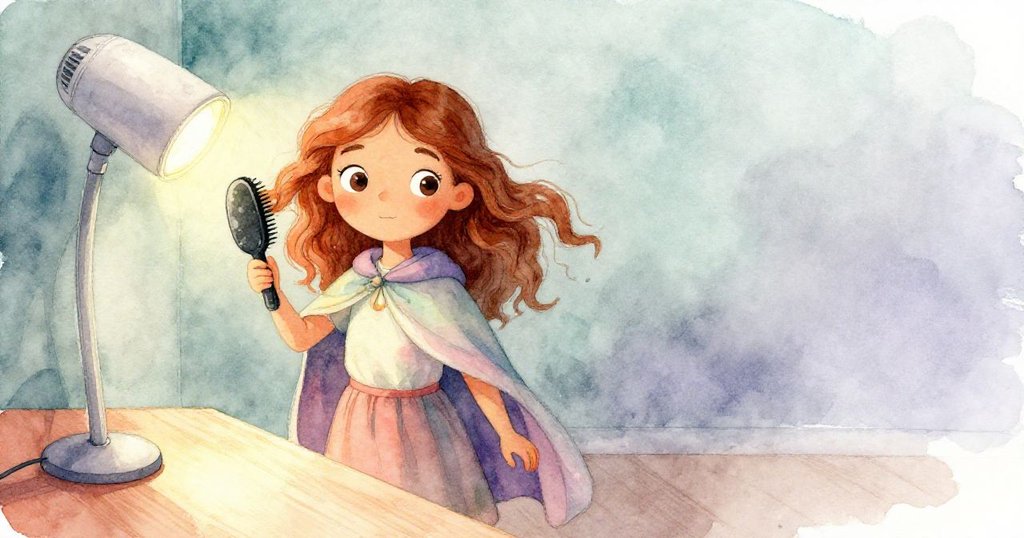 露西婭在溫暖的吹風機光影中輕撫披肩髮絲，正向尼維走來，神情柔和期待，背景隱約有美髮用品展示。