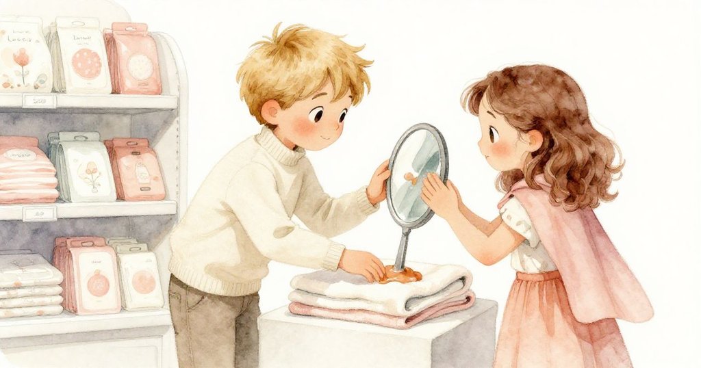 尼維與露西婭同時握住放在毛巾上的鏡子，專注而輕柔共享這唯一資源，背景隱現洗髮護髮用品，氛圍溫馨。