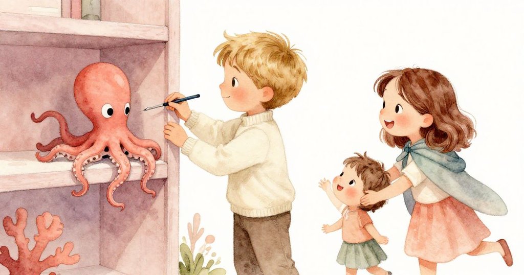 露西婭輕柔地從櫃縫中取出小毛絨烏賊，尼維笑容滿面，幼兒在旁興奮觸碰玩具，場景充滿發現喜悅。