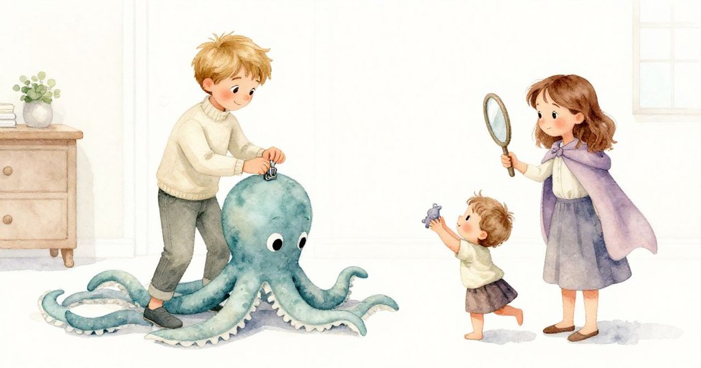 尼維將銀夾固定在毛絨烏賊上並遞交乾淨鏡子給露西婭，幼兒快樂彈跳觸摸玩具，室內溫馨氛圍圍繞全場。