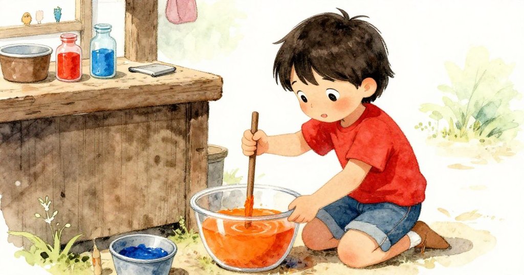 賽斯在戶外混合彩料區跪著攪拌橙色顏料，神情專注，背景隱約呈現濃艷鮮明的調色場景