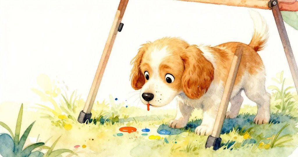 德瑞克蹲在三腳架旁嗅探滴落顏料，神情充滿好奇與俏皮，草地與陽光共同營造隱秘溫暖氛圍