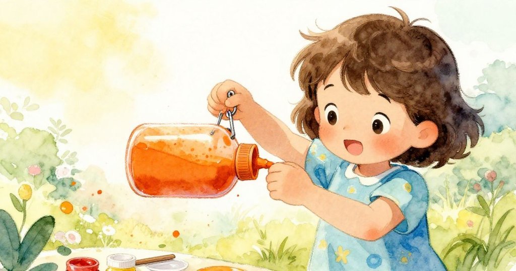 克萊洛忙於卸下並沖洗彩瓶，重新裝入橙色顏料，面對藝術挑戰神情專注且略帶堅毅