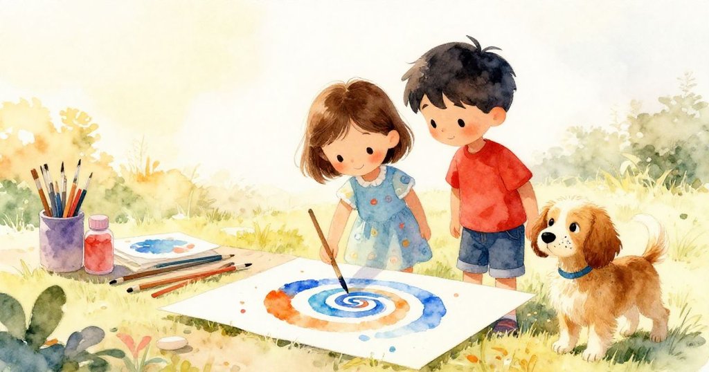 克萊洛、賽斯與德瑞克齊聚欣賞層疊藍橙畫線，寬廣草地與午後陽光營造出溫馨完成的平和氛圍