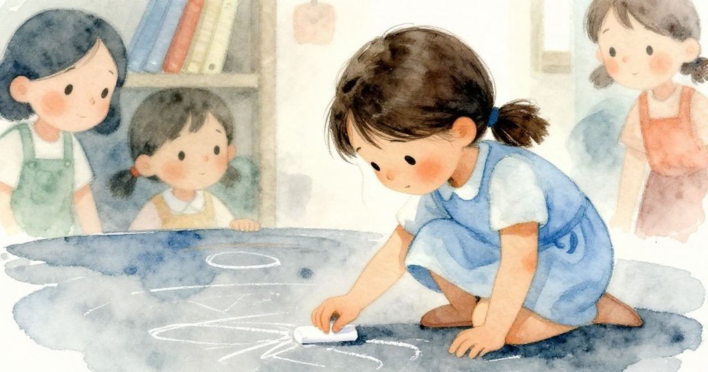 花娜專注輕刷粉筆,柔和光線映襯下呈現細膩情感,展開故事發展中的靜謐互動。