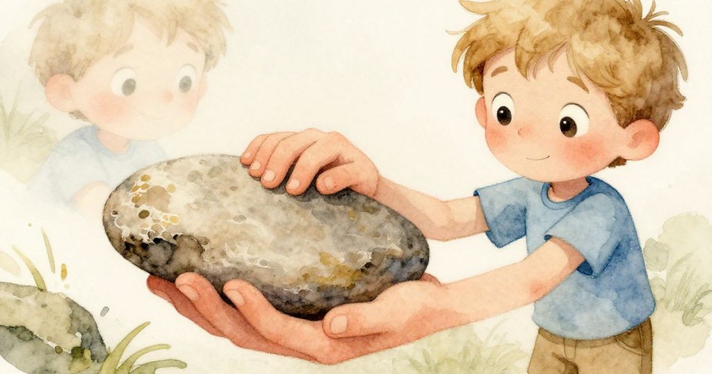 Wyatt緊握平滑石頭，細看石面的磨損與粗糙角落，眼中映出專注與好奇，手指輕撫著石頭的紋理。