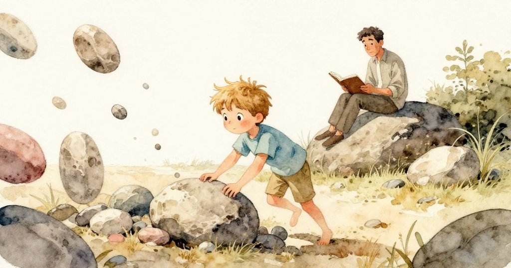 從低角度視角看見石塊濺散，Wyatt操作中飛散的碎片，遠處父親坐在大石上讀書，臉上流露出驚訝與關注。