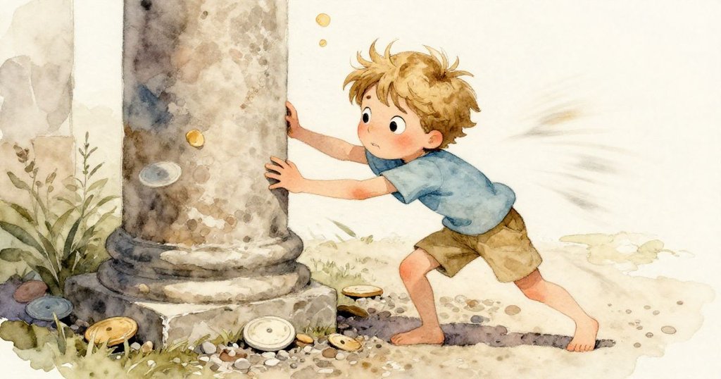 Wyatt在強風中努力挽救傾斜的石塔，臉上流露出堅定與疲憊，散落石塊隨風飛舞，氣氛充滿緊張。