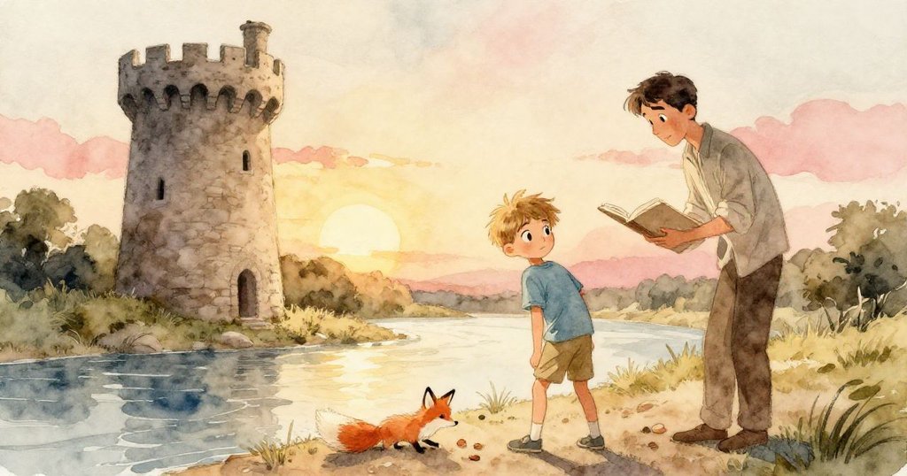 夕陽餘暉中，Wyatt站在河邊欣賞穩固的石塔和落在淺塵上的狐毛，臉上滿是滿足與平靜，背景中父親安坐閱讀。