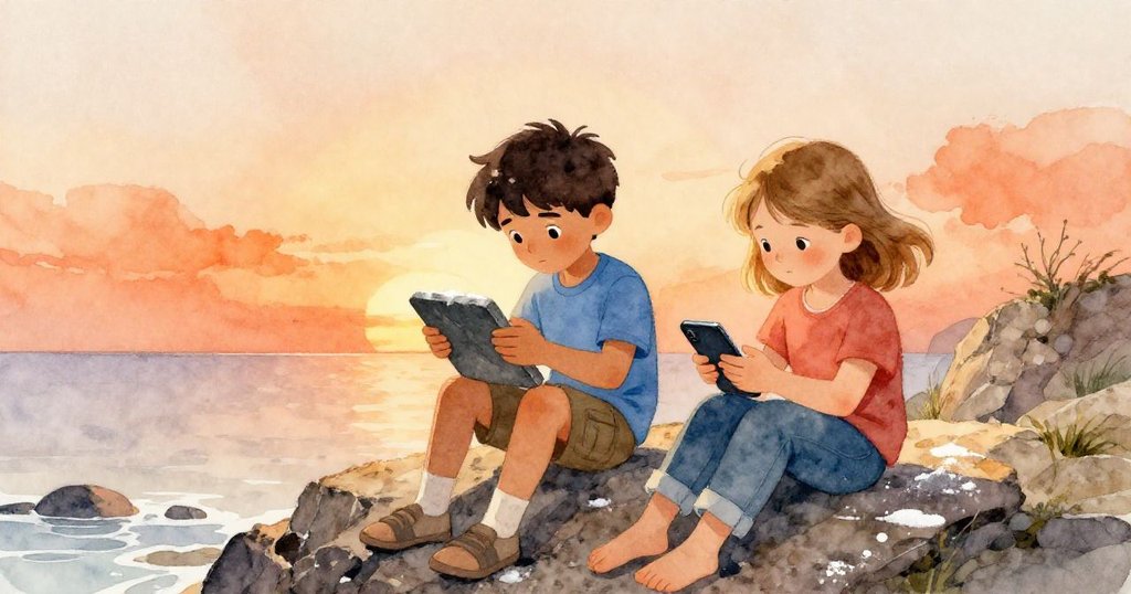 肯特在海岸岩石上穩握粗糙石板，諾艾米調整手機準備拍攝，夕陽橙光映照出溫暖且細膩的海邊景色。