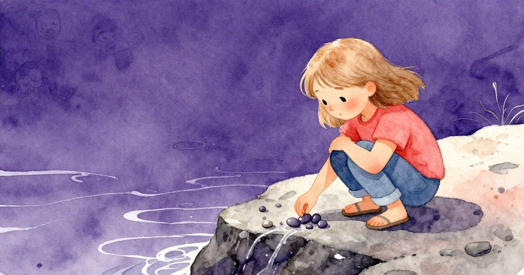 諾艾米蹲於隱秘石板縫隙旁，專注放置重石，透出細膩水光與微妙泡泡，展現海潮逐漸逼近的奧秘。