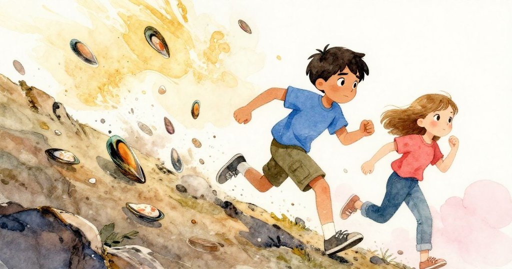 肯特與諾艾米在斜坡上奔跑追逐，靈巧躲避落下的蚌殼碎片，展現出海邊奔放與活力的冒險情景。