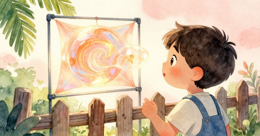 透過Cruz背影觀察,他在古舊籬笆旁目不轉睛凝視皂膜中形成的小漩渦,夕陽光線橙黃柔美映照