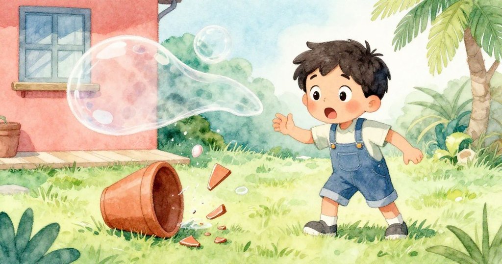 Cruz在庭院中驚愕注視風中皂膜顫動,花盆意外墜落碎片散落草坪,場景從寧靜突轉緊張動感