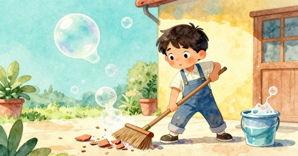 Cruz急速揮動掃帚清理庭院上閃爍碎片,旁邊桶中皂液破裂變幻,畫面充滿忙碌與專注動感