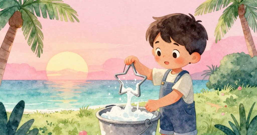 黃昏時分Cruz精心挑選星形架沾取變幻皂液,桌邊桶內亮麗皂膜隨夕陽熠熠生輝,情緒沉穩滿懷堅持