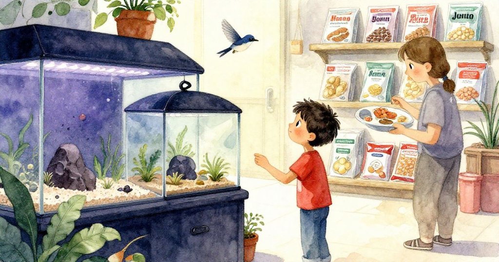 Jasper在寬敞水族館中仔細觀察展示籠，頭頂小鳥輕快飛舞，成人在背景檢查物品，場景充滿探險期待。