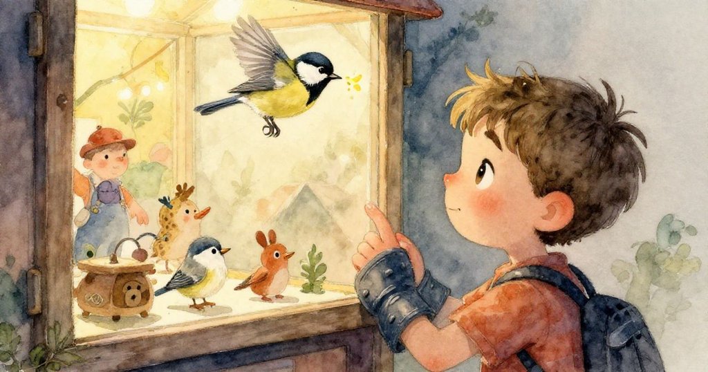 細小鳥在籠上方展翅高歌，其倒影映於玻璃上，柔和光影間透出輕快詩意，情愫澎湃。