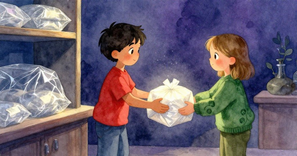 Dawn將紙質鋪棉包遞給Jasper，晨光映襯下展現溫馨合作，兩人動作生動充滿信任與期待。