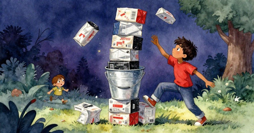 Jasper專注堆疊紙包與桶子，微妙震動呼應鳥鳴，瞬間凝固緊張氣氛中流露冒險激情與謹慎。