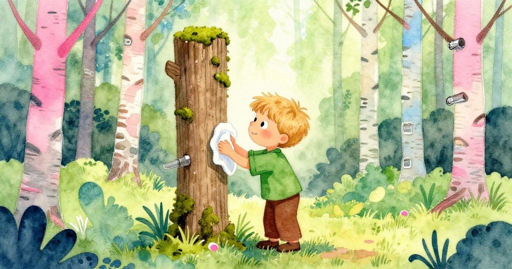 Jonas在樹林中認真清理苔蘚，看到隱約的標記柱展現探險開端，溫暖光線映照木頭與樹影。