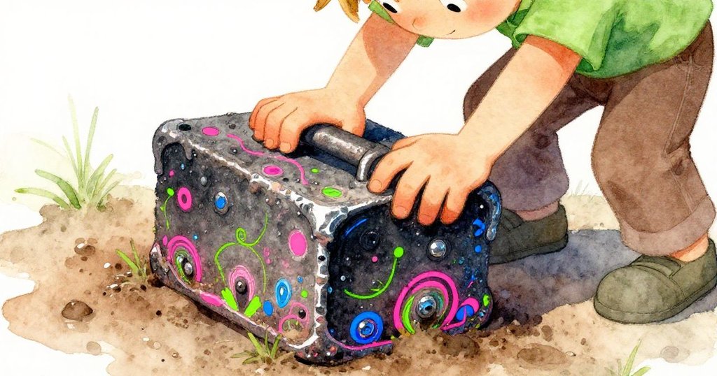 Jonas低頭用力觸摸帶霉鐵塊，冷冽金屬與濕潤泥土細節清晰，表情專注呈現探索過程。