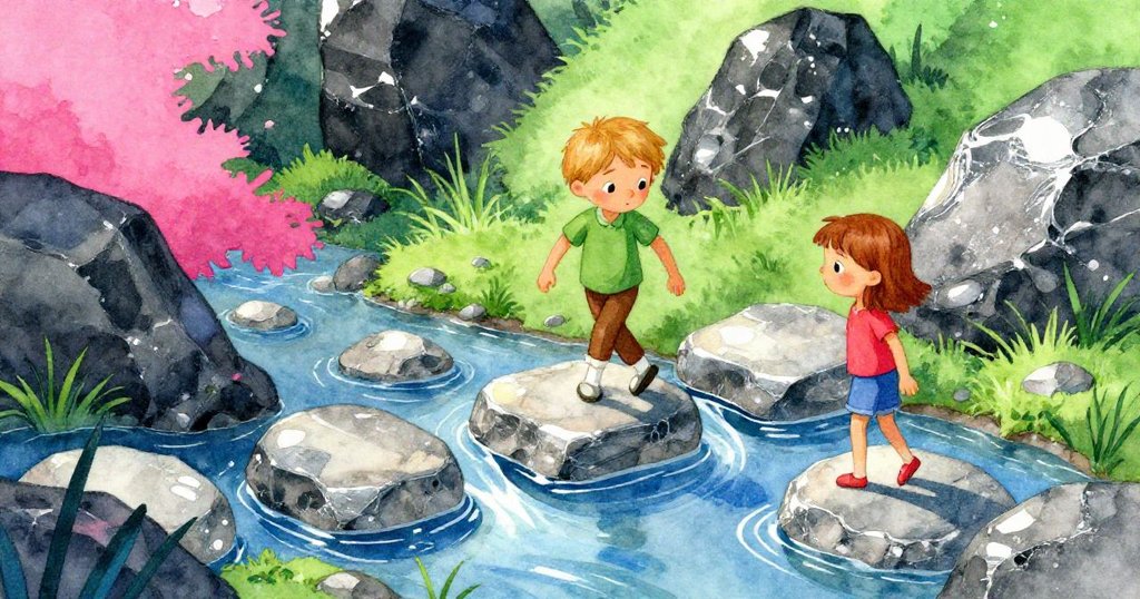 Dina小心踏上搖晃石板過溪流，Jonas在後觀察，整體環境展現水石細節與緊張氣氛。