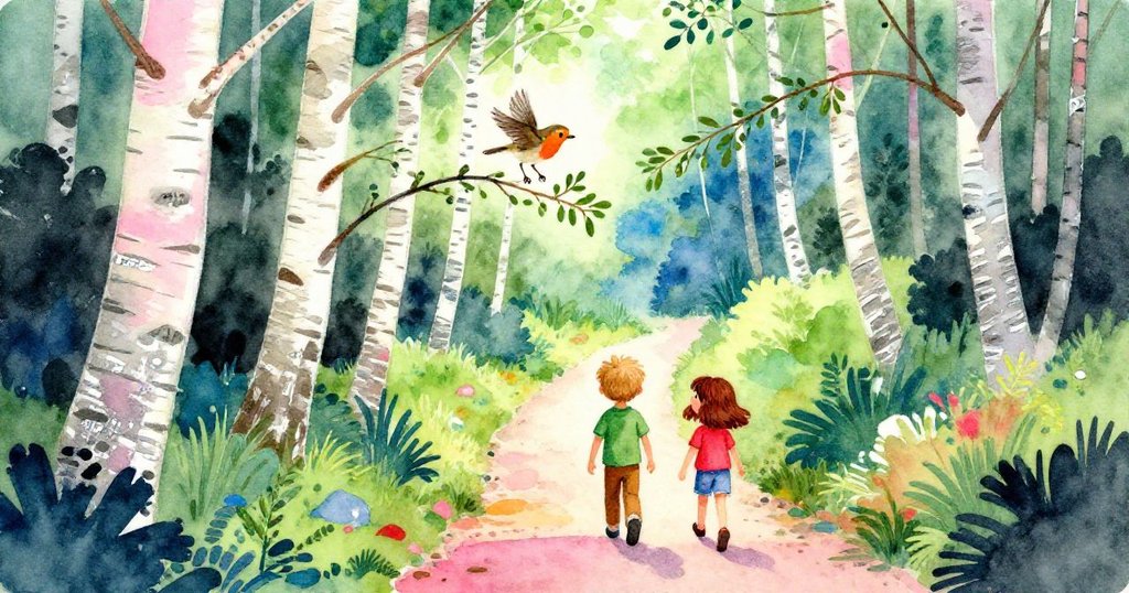 從高處俯瞰林中小徑，Dina跟隨Jonas前行，活潑知更鳥從樹枝飛向碎石路，營造冒險氛圍。