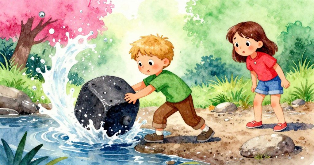 Jonas用肩膀推動重鐵塊滑過濕土，水花四濺，Dina表情關切，展現行動與變化瞬間。