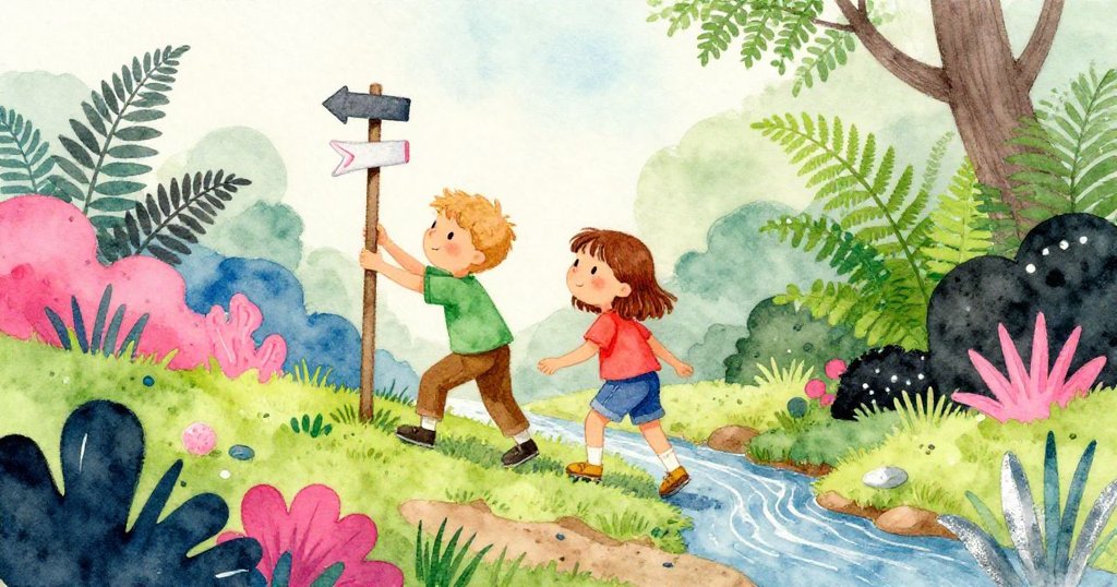 Jonas與Dina穩步踏上溪岸，共同調整標記柱顯現箭頭形狀，路徑迎向蕨蔓藏處，氛圍平靜溫暖。