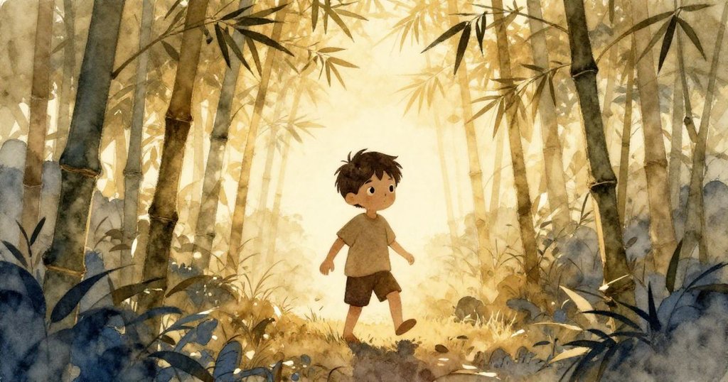 Sam在溫暖晨光中走向竹林，身影與高竹交織，金色光芒映照出期待與好奇的神情，場景寧靜美麗。