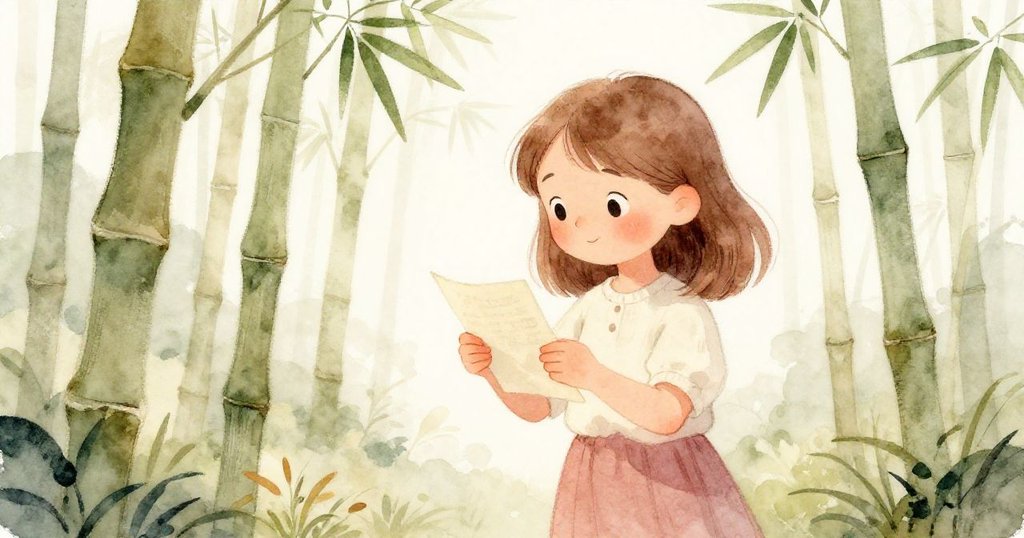 Gemma手持筆記本，在竹林小徑上細心記錄環境，面帶好奇微笑，背景柔和充滿探索氣息。