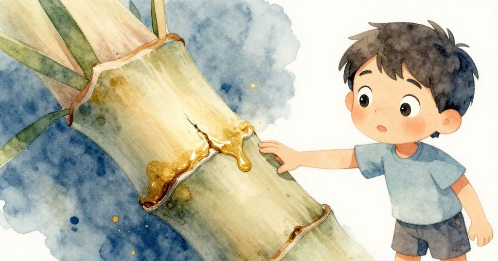 Sam專注觸摸竹子裂縫，暖黃色的樹脂在光線中流動，細節清晰呈現出竹子的年輪與微妙紋理，充滿驚奇。