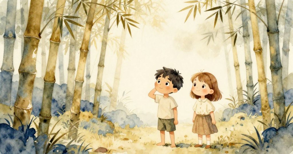 Sam與Gemma並肩站在光影交錯的竹林中，感受風吹拂出悠揚樂音，畫面呈現出時間流轉的靜謐與變幻。