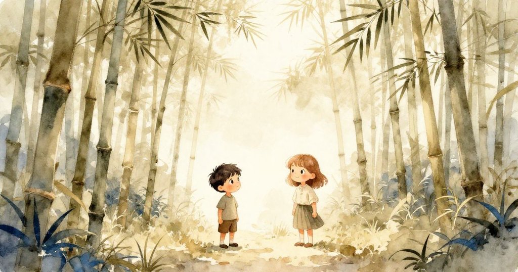 在寧靜竹林中，Sam與Gemma顯得渺小卻堅定，竹影低語環繞，神秘樂音消散，畫面充滿安詳與結局詩意。