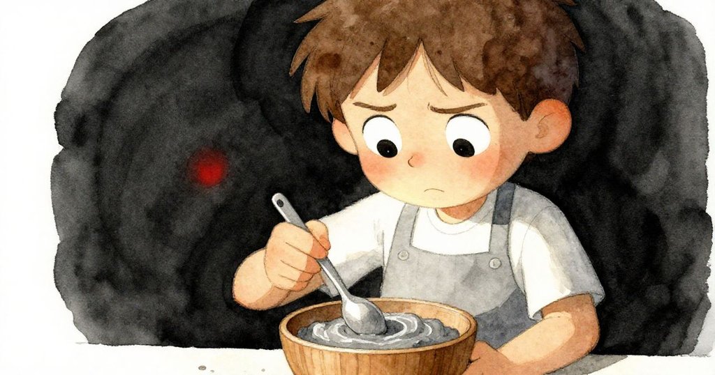 Keane近距離特寫正用湯匙敲打木碗中灰色膏狀物，神情中呈現出擔憂與堅定，背景細節豐富