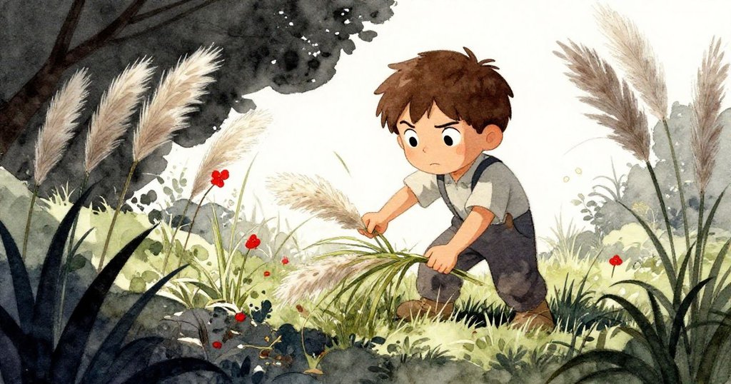 Keane在低角度視角中於花園採集青草，充滿決心與活力，周圍枝葉鮮明且光影交錯