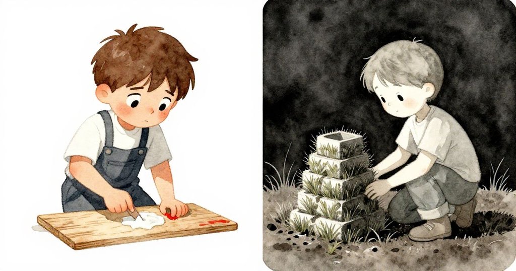 Keane與Hope在分割畫面中分別操作木板混合膏料與堆疊草模，現實與轉變交織，動作專注互補