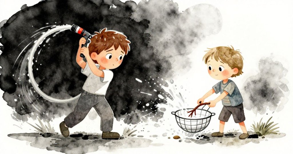 Keane與Hope在戶外熱絡互動，Hope扭轉滴水水管、Keane插入小樹枝於篩子中，水花四濺展現協作趣味