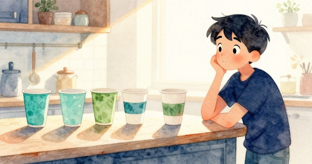 Yves凝視四個斜放紙杯，明亮廚房桌面上紙杯整齊排列成對角線，他眼神充滿好奇與疑惑，故事悄然開啟。