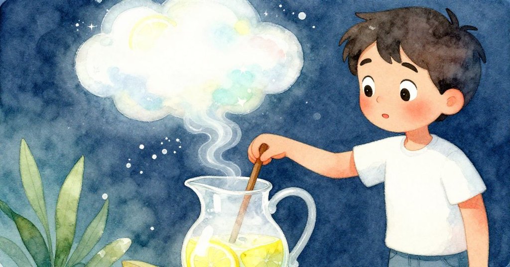 Yves專心攪拌果汁壺，從壺口冒起檸檬色薄霧，神情驚奇期待，奇妙氣氛緩緩展開。