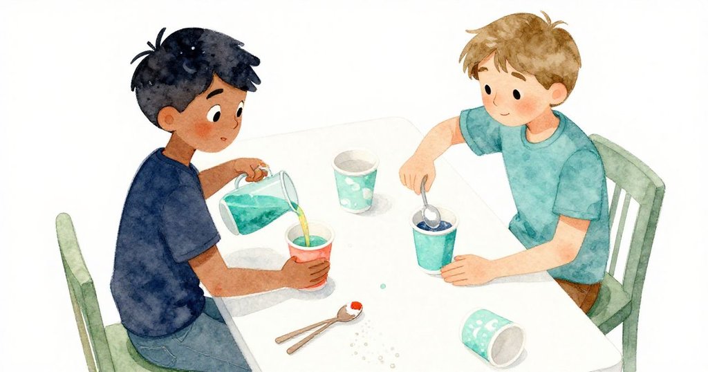 從高處俯瞰廚房檯面，Yves倒入鮮亮液體，Harris細心添加糖，兩人互動展現創意活力，場景生動。