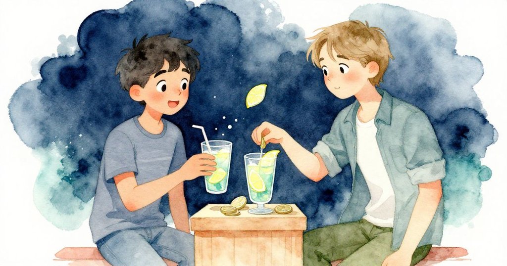 Yves與Harris共享完美檸檬水，彼此點頭微笑，輕鬆放入溫暖硬幣，隨風飄來的檸檬葉襯托出和諧圓滿的結局。