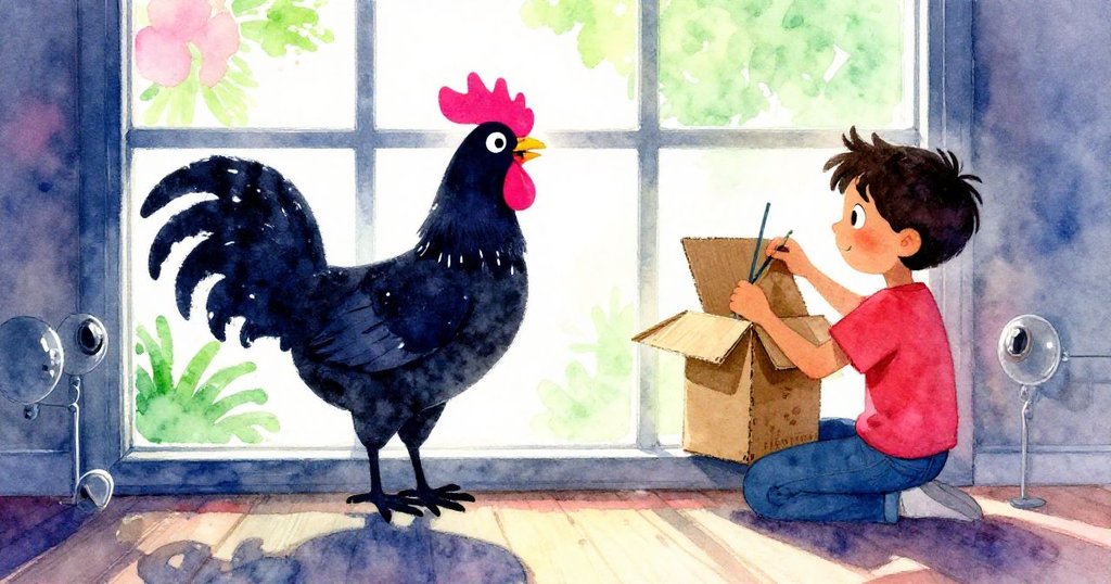 哈里斯在明亮窗前動手製作紙板公雞，剪影在光線中清楚展現，充滿創意與活力，故事開始。