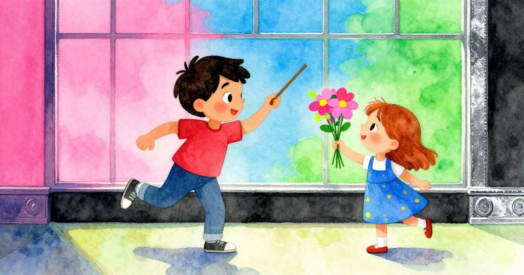 克蕾奧在窗邊注視哈里斯自信旋轉筷子，紙板公雞與花束木偶形成鮮明對比，情緒活潑。