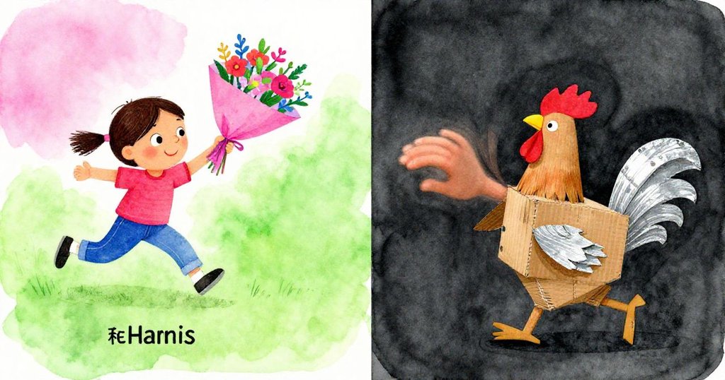 克蕾奧手中的花束木偶不慎滑落，同時哈里斯的紙板公雞因意外被模糊，雙重情節展示緊張與動作。