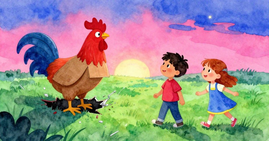 夕陽下，哈里斯與克蕾奧攜手修補創作漏洞，紙板公雞完美遮蓋缺口，他們微笑望向充滿希望的新視野。