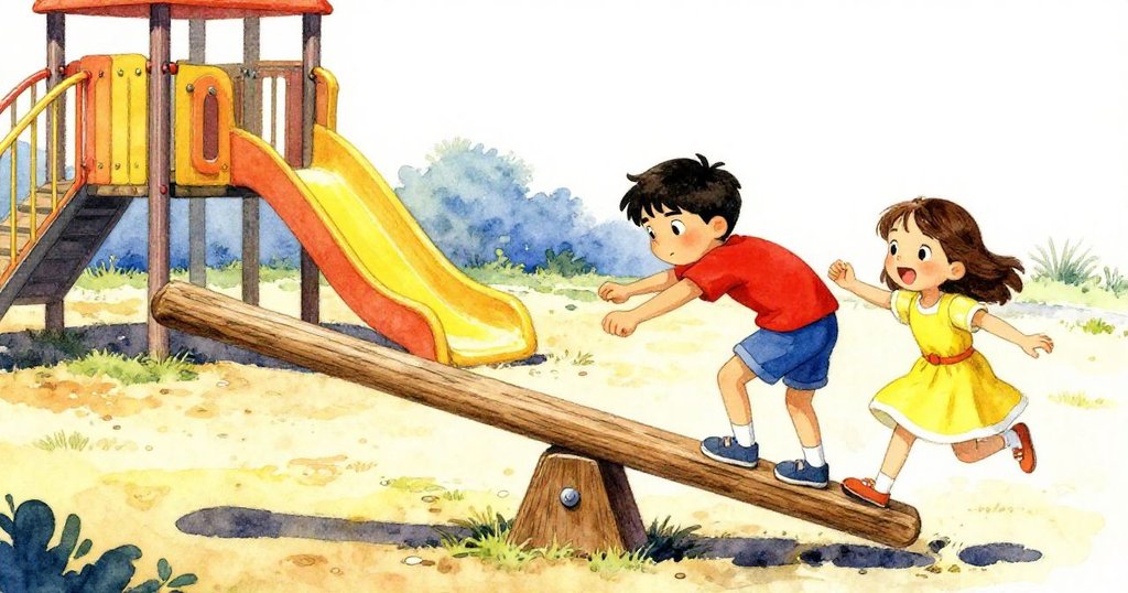 丹特和芙莉在陽光燦爛的遊樂場玩耍，丹特使勁推著秋千，芙莉充滿期待，背景有滑梯與沙地。